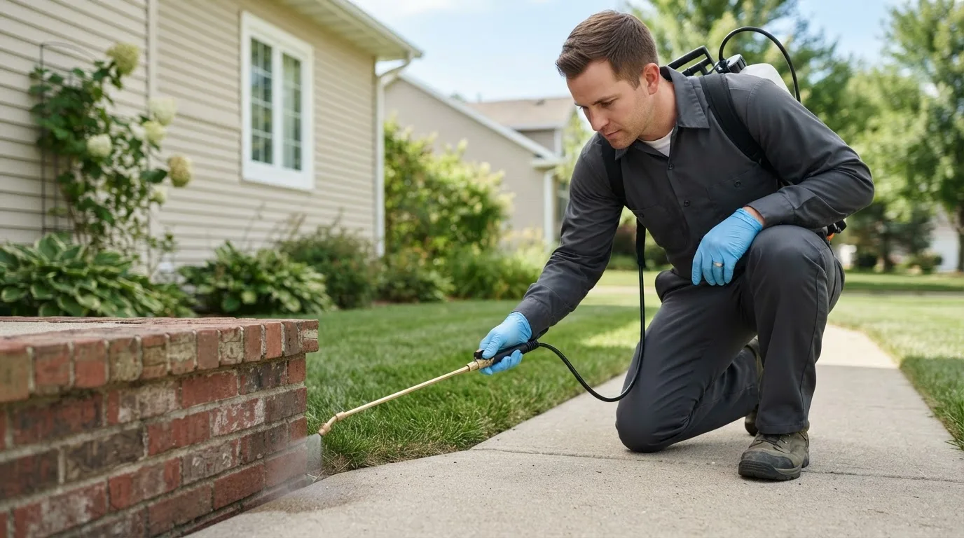 Pest control technician treating a home near Webberville, MI