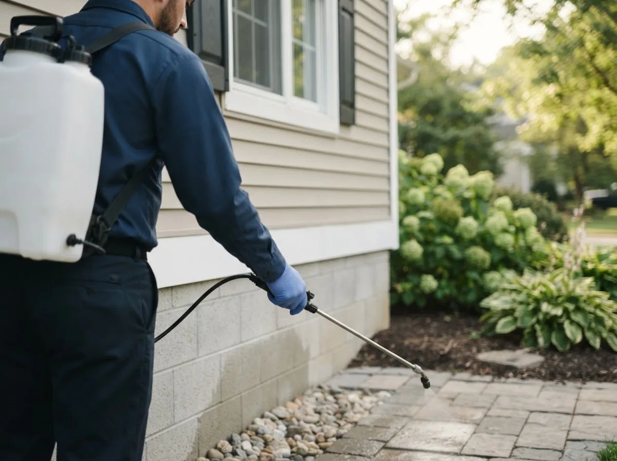 Pest control technician inspecting a home in Webberville, MI